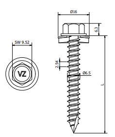 Façade schroef 6,5x90 mm - Type A, staal verzinkt met 16 mm afdichtingsring - RAL7016