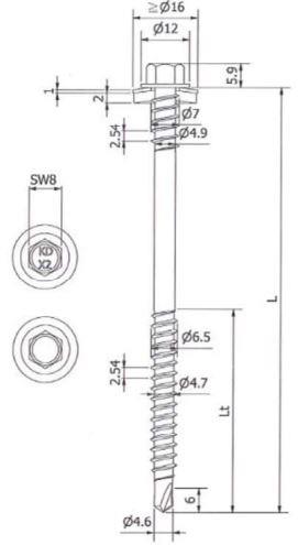 Sandwichpaneelschroef 7,0/6,5x185 mm - roestvaststaal A2 met 19 mm afdichtingsring - RAL7016 - boorpunt #2