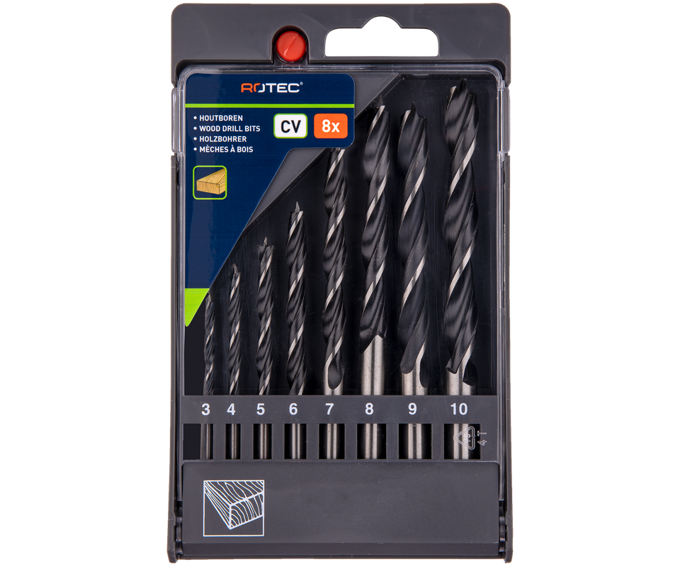 8-delige houtspiboset type '235' ø3, 4, 5, 6, 8 en 10 verpakt in cassette