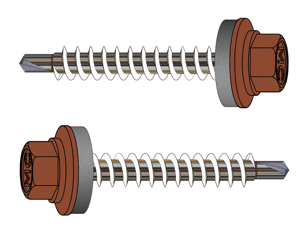 Farmerschroef van 4,8x20mm - boorpunt 1 met kleur: R8004 (Baksteenrood) en 14mm alu ring voor staal