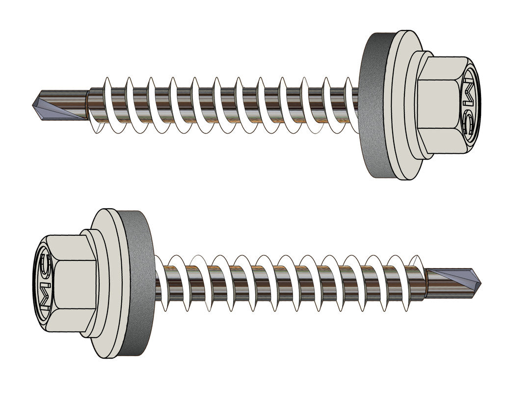 Farmerschroef van 4,8x60mm - boorpunt 1 met kleur R9002 (Grijswit) en 14mm alu ring voor hout