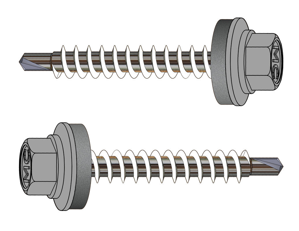 Farmerschroef RVS 410 van 4,8x35mm- boorpunt 1 met 14mm alu ring in kleur: RAL9006 (Wit aluminium)