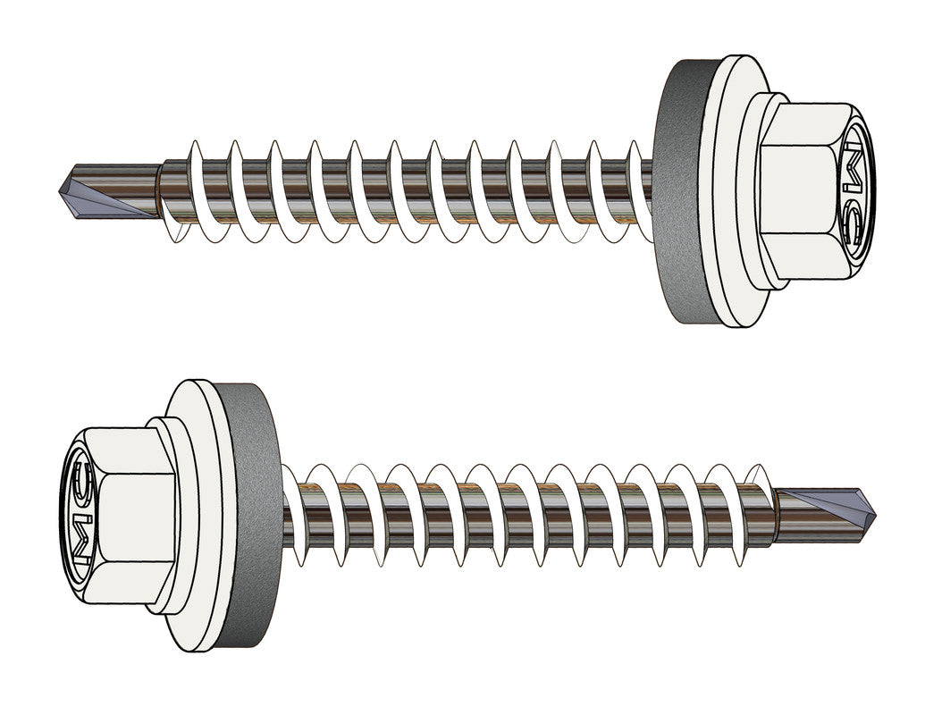 Farmerschroef RVS 410 van 4,8x35mm- boorpunt 1 met 14mm alu ring in kleur: RAL9016 (Verkeerswit)