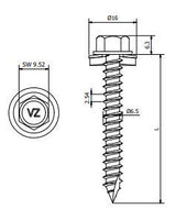 Façade schroef 6,5x25 mm - Type A, staal verzinkt met 16 mm afdichtingsring