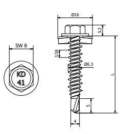 410 HiLo Zelfborende Schroef 6,3x38 - RVS SUS410 - Ring 16 mm - RAL9007 (Grauw)