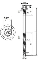 Sandwichpaneelschroef 7,0/6,5x125 mm - staal, Ruspert Silver met 19 mm afdichtingsring