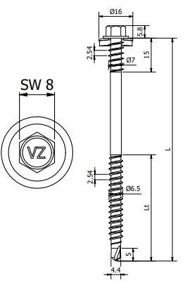 Sandwichpaneelschroef 7,0/6,5x75 mm - staal, Ruspert Silver met 19 mm afdichtingsring - RAL9002