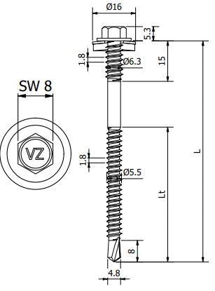 Sandwichpaneelschroef 6,3/5,5x200 mm - staal, Ruspert Silver met 19 mm afdichtingsring
