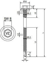 Sandwichpaneelschroef 6,3/5,5x200 mm - staal, Ruspert Silver met 19 mm afdichtingsring
