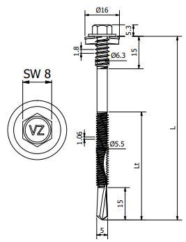 Sandwichpaneelschroef 6,3/5,5x125 mm - staal, Ruspert Silver met 19 mm afdichtingsring - boorpunt #5